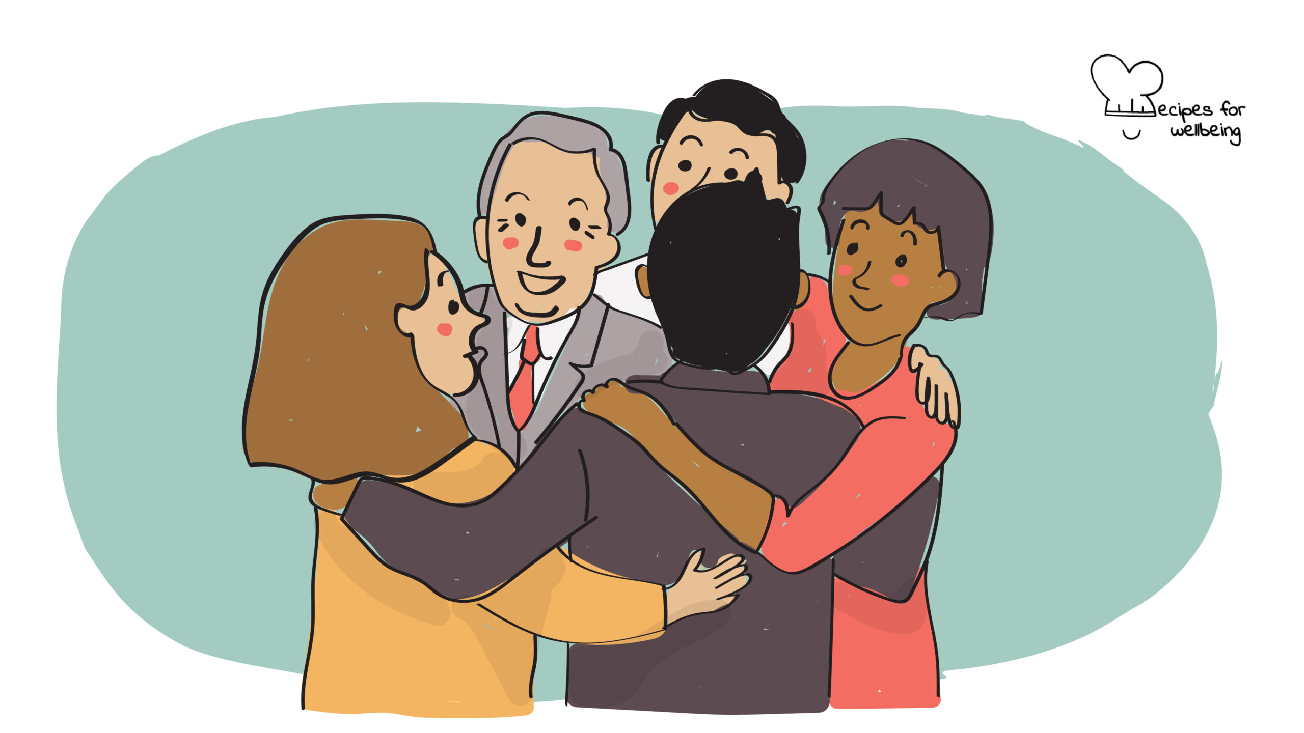 Illustration of a small group of people hugging each other tightly. © Recipes for Wellbeing