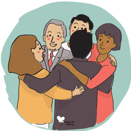 Illustration of a small group of people hugging each other tightly. © Recipes for Wellbeing