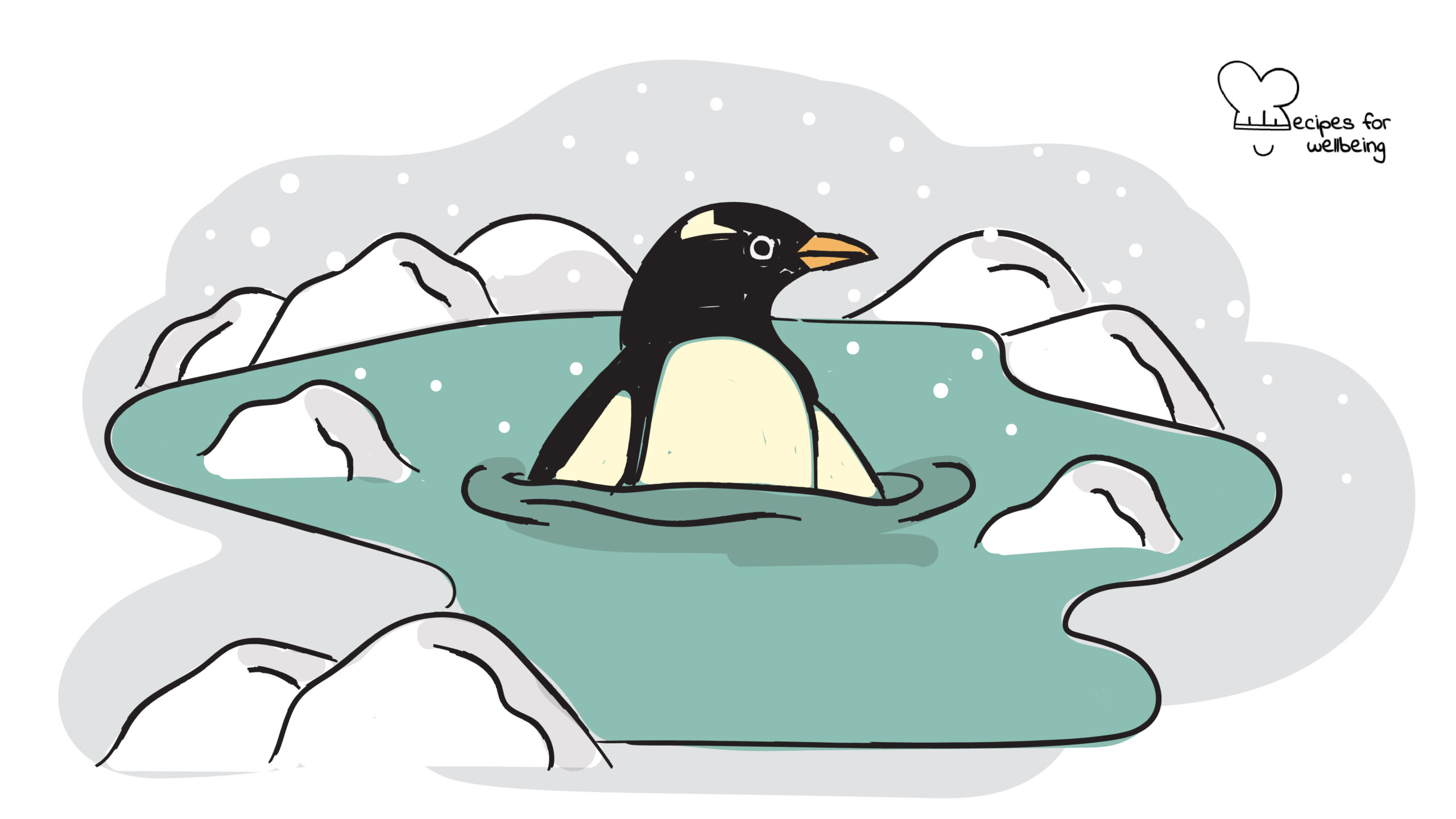 Illustration of a penguin swimming in a frozen sea. © Recipes for Wellbeing