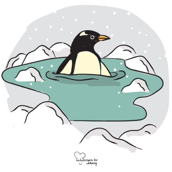 Illustration of a penguin swimming in a frozen sea. © Recipes for Wellbeing