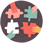 Illustrated icon for organisational wellbeing with four hands holding four different pieces of a puzzle.