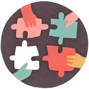 Illustrated icon for organisational wellbeing with four hands holding four different pieces of a puzzle.