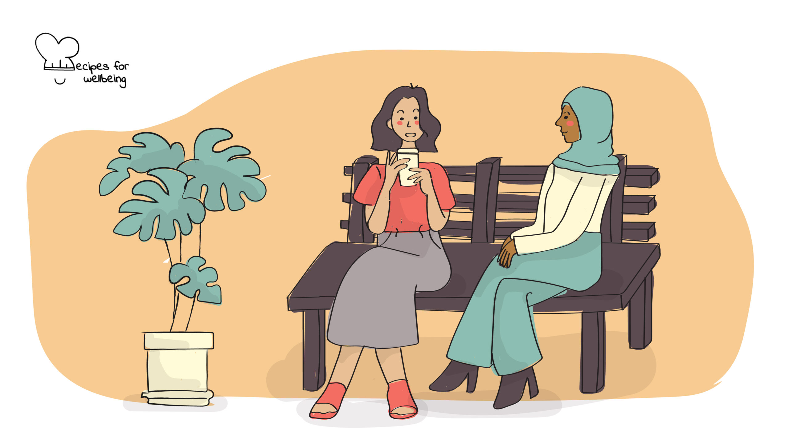 Illustration of two womxn sitting on a bench talking to each other. © Recipes for Wellbeing