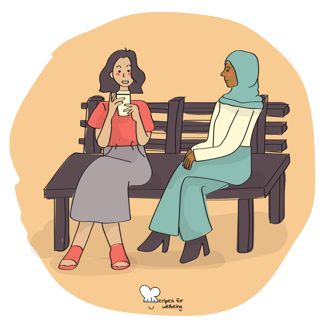 Illustration of two womxn sitting on a bench talking to each other. © Recipes for Wellbeing