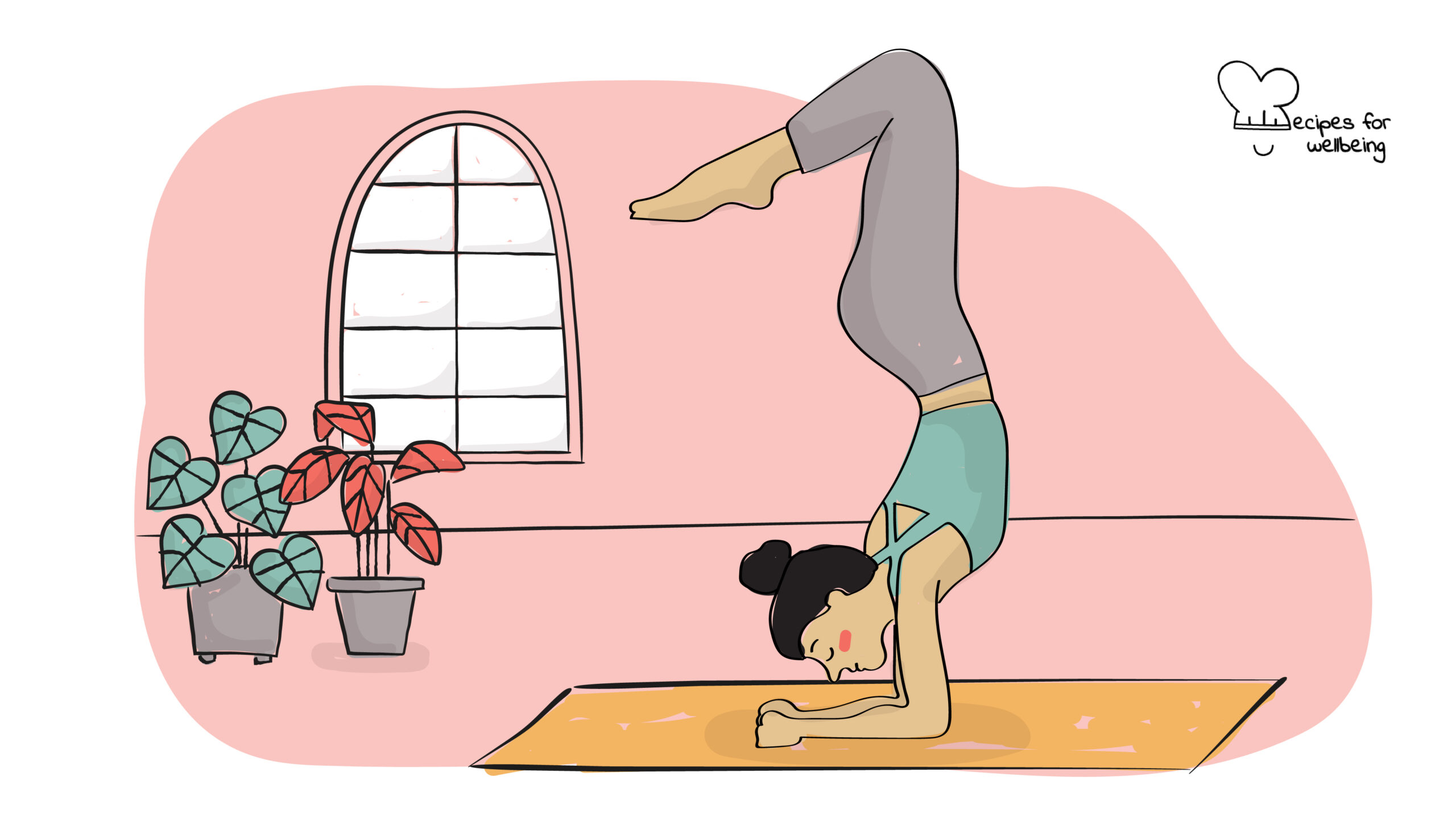 Illustration of a womxn in Vrischikasana pose (scorpion pose). © Recipes for Wellbeing