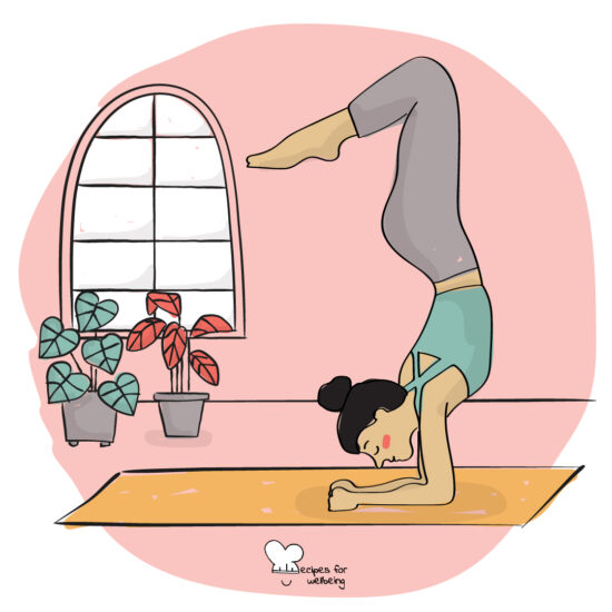 Illustration of a womxn in Vrischikasana pose (scorpion pose). © Recipes for Wellbeing