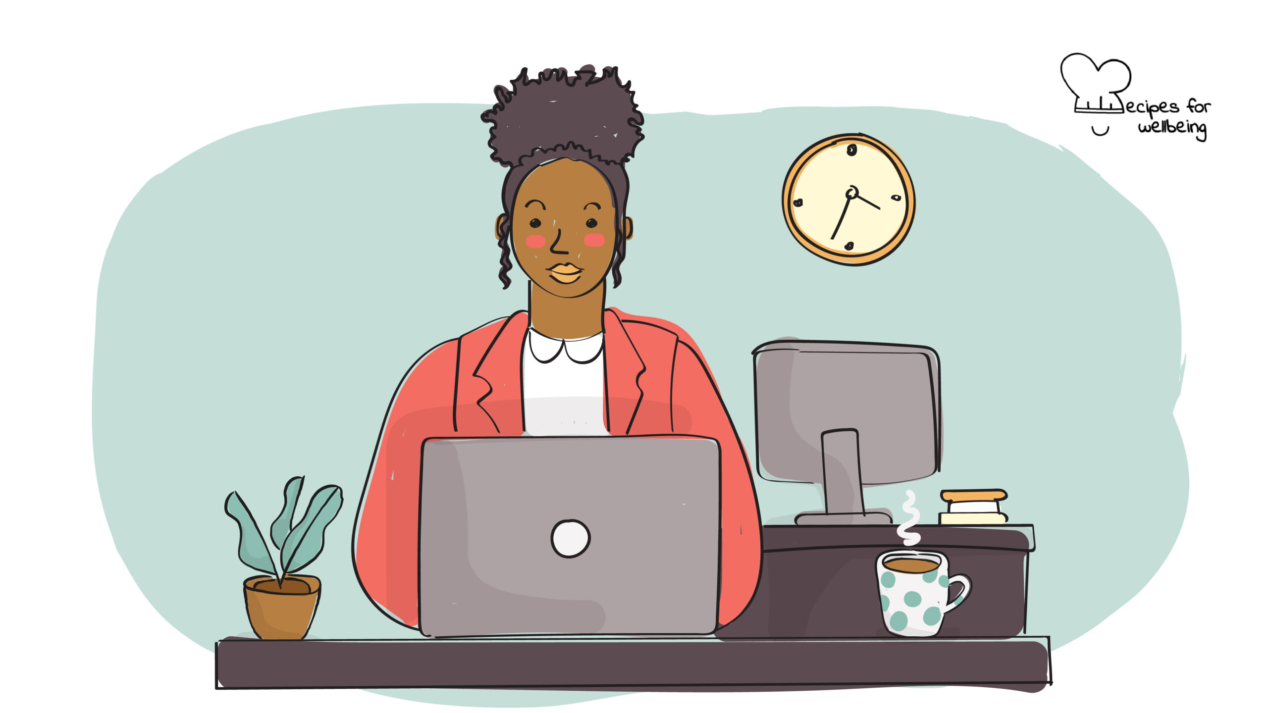 Illustration of a womxn of colour sitting behind a laptop. © Recipes for Wellbeing