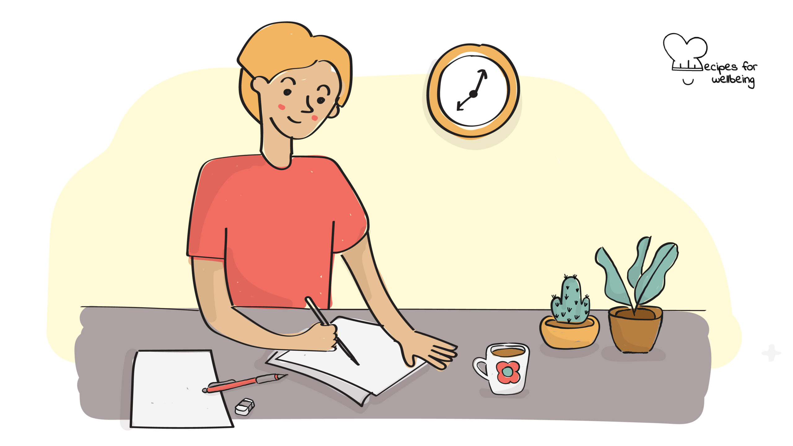 Illustration of a person sitting and reflecting by writing on a sheet of paper. © Recipes for Wellbeing