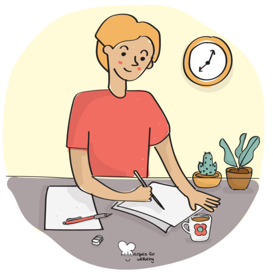 Illustration of a person sitting and reflecting by writing on a sheet of paper. © Recipes for Wellbeing
