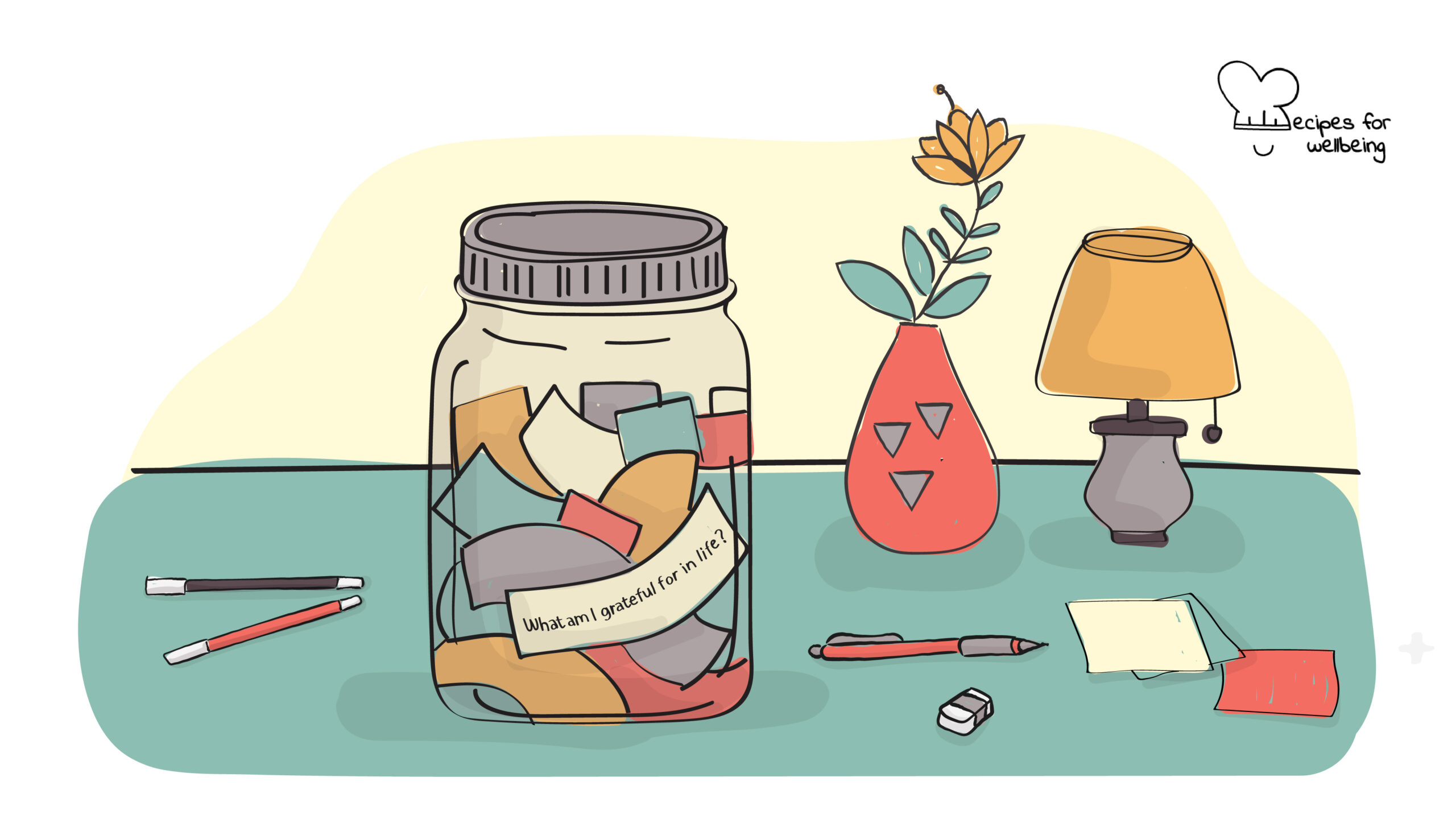 Illustration of a jar with colourful slips of paper. © Recipes for Wellbeing