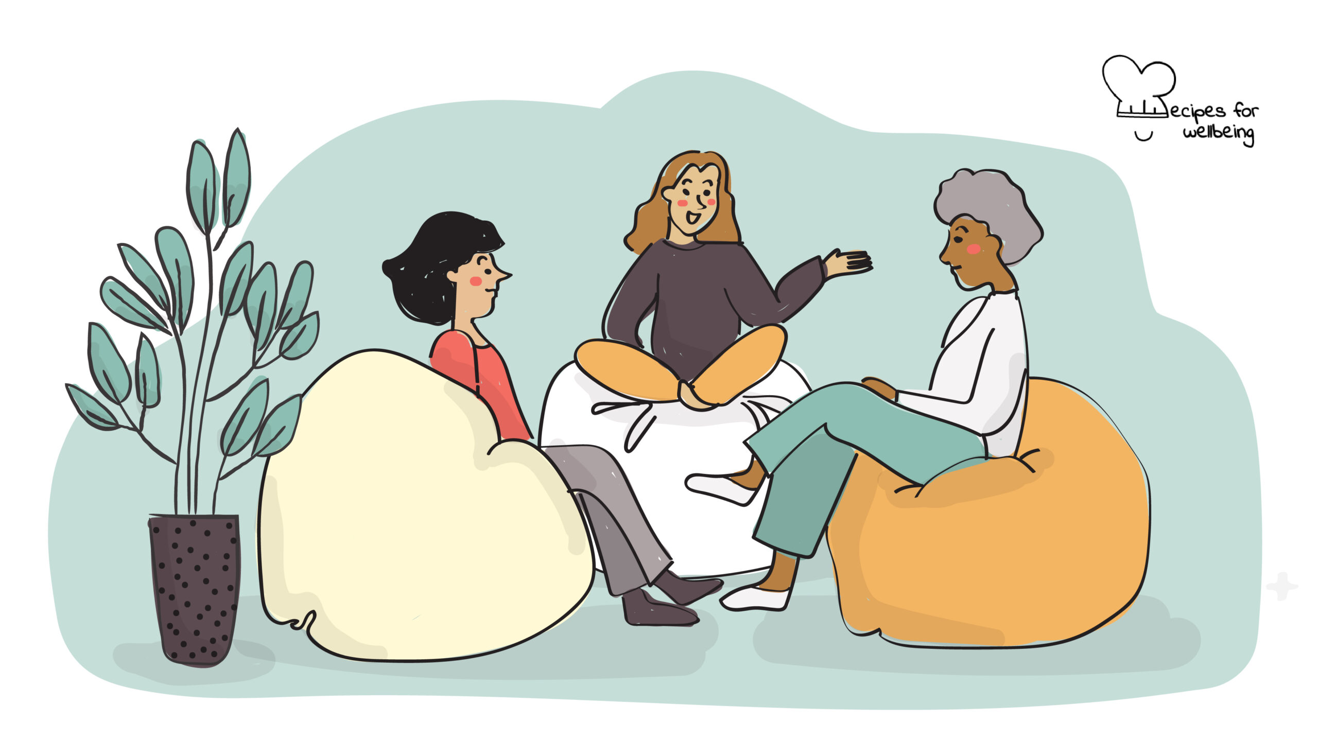 Illustration of three womxn sitting on a bean bags talking to each other. © Recipes for Wellbeing