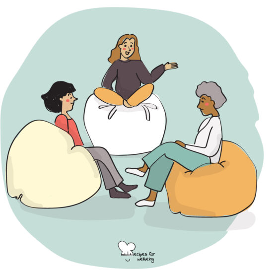 Illustration of three womxn sitting on a bean bags talking to each other. © Recipes for Wellbeing