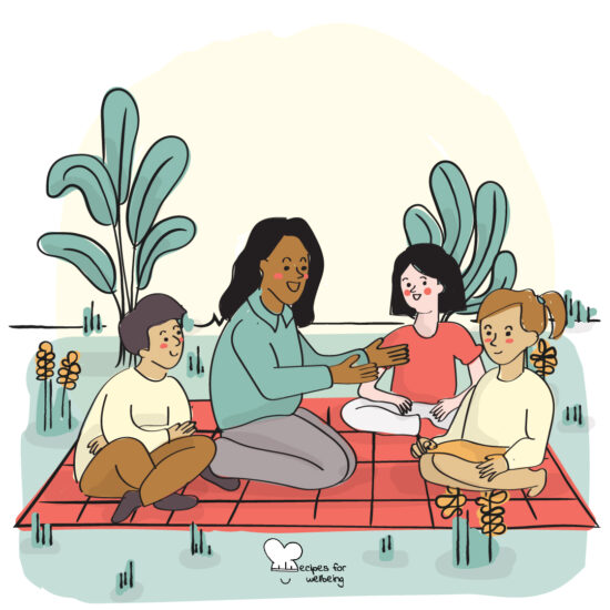Illustration of an adult person with three children sitting outdoors. © Recipes for Wellbeing