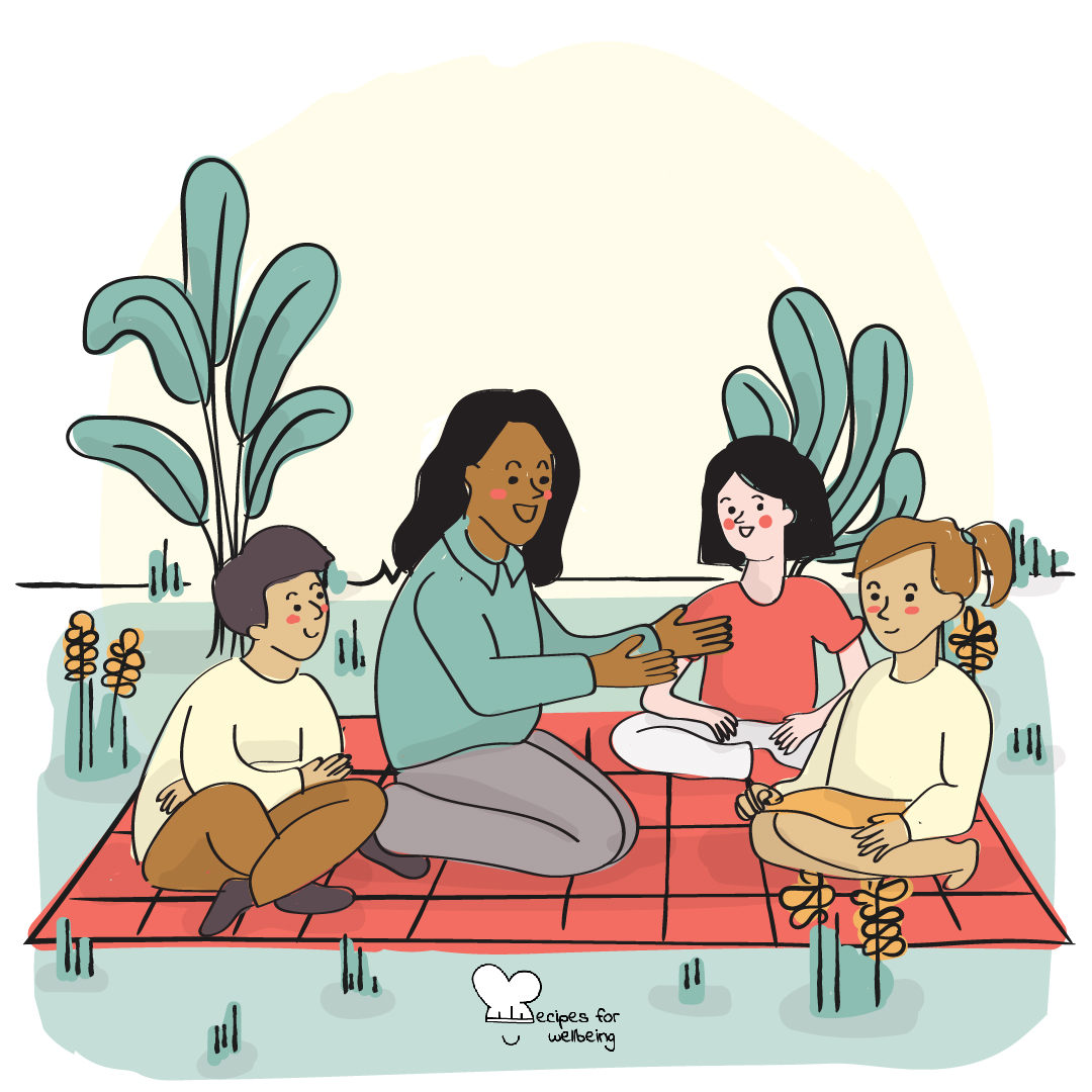 Illustration of an adult person with three children sitting outdoors. © Recipes for Wellbeing