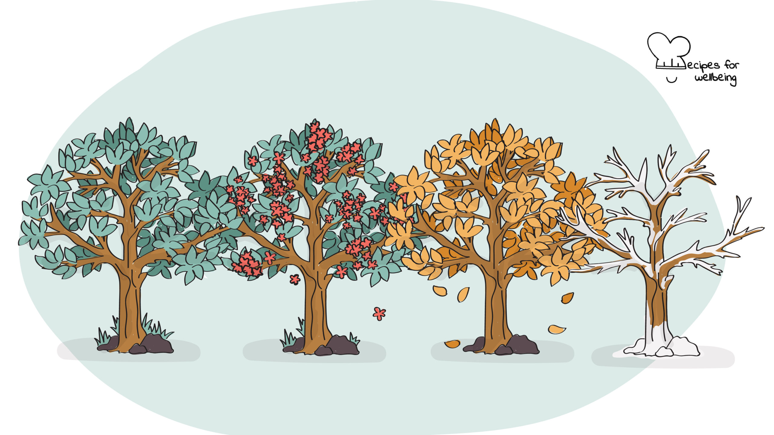 Illustration of four trees representing the seasonal changes. © Recipes for Wellbeing