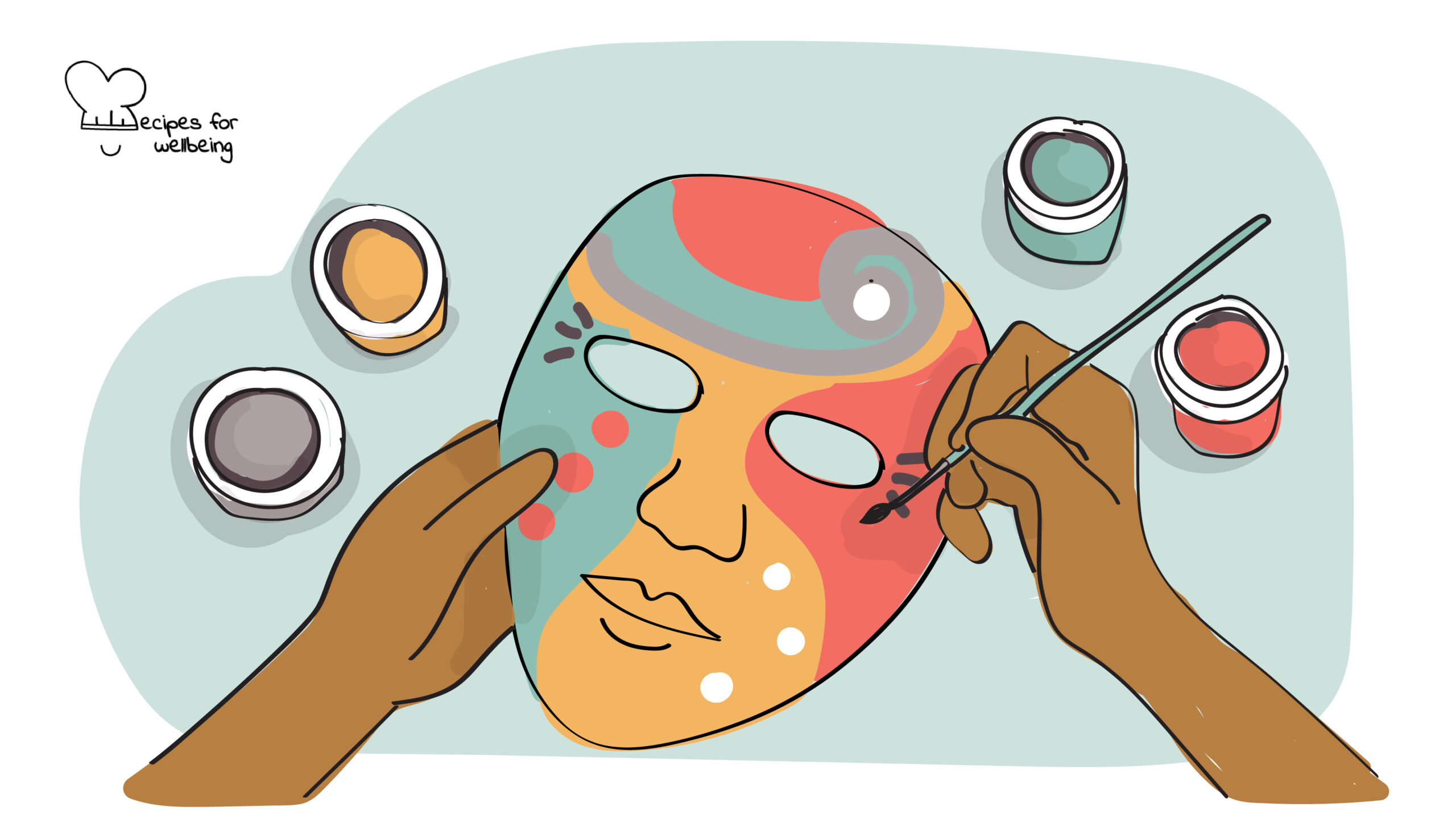 Illustration of a pair of hand painting a theatre mask. © Recipes for Wellbeing