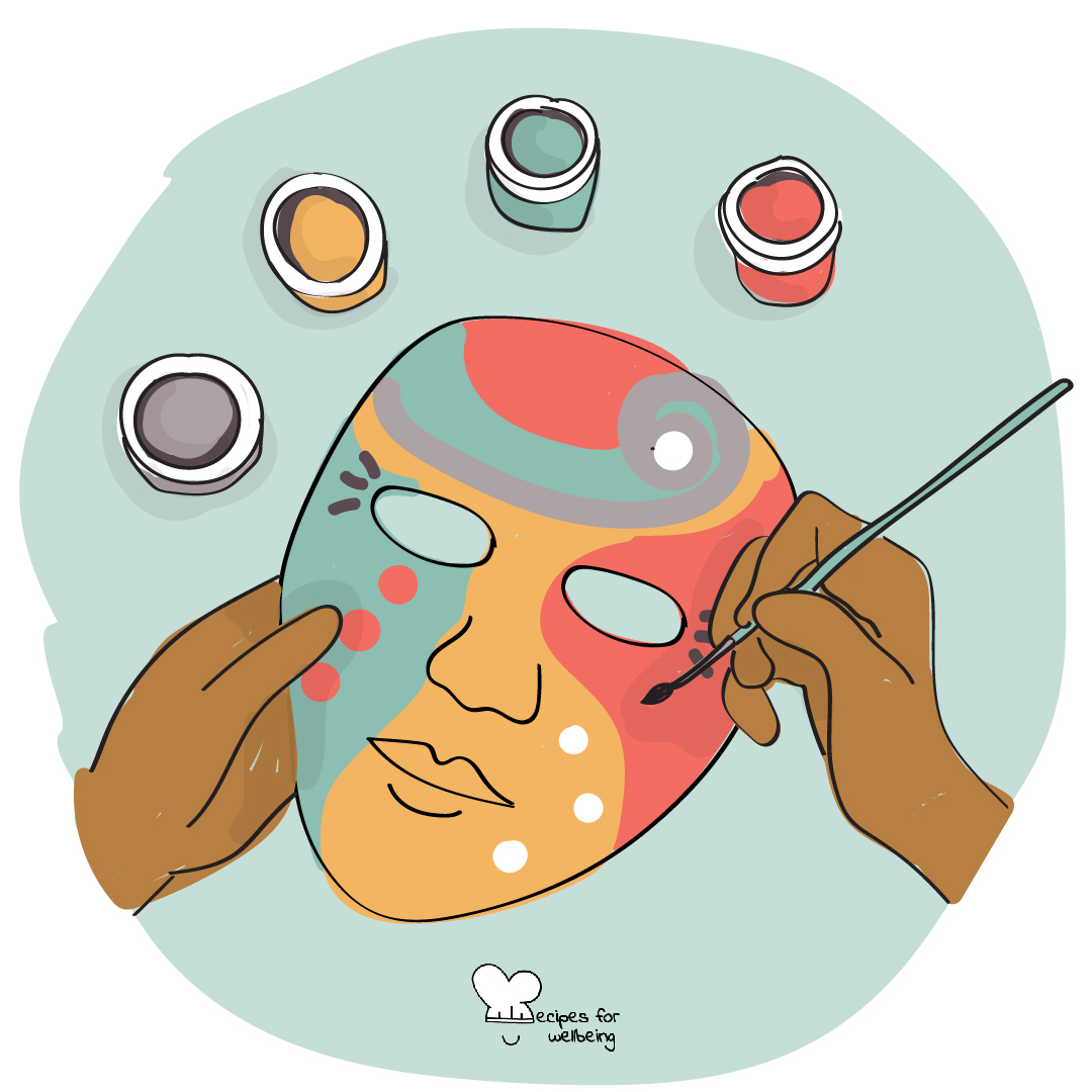 Illustration of a pair of hand painting a theatre mask. © Recipes for Wellbeing