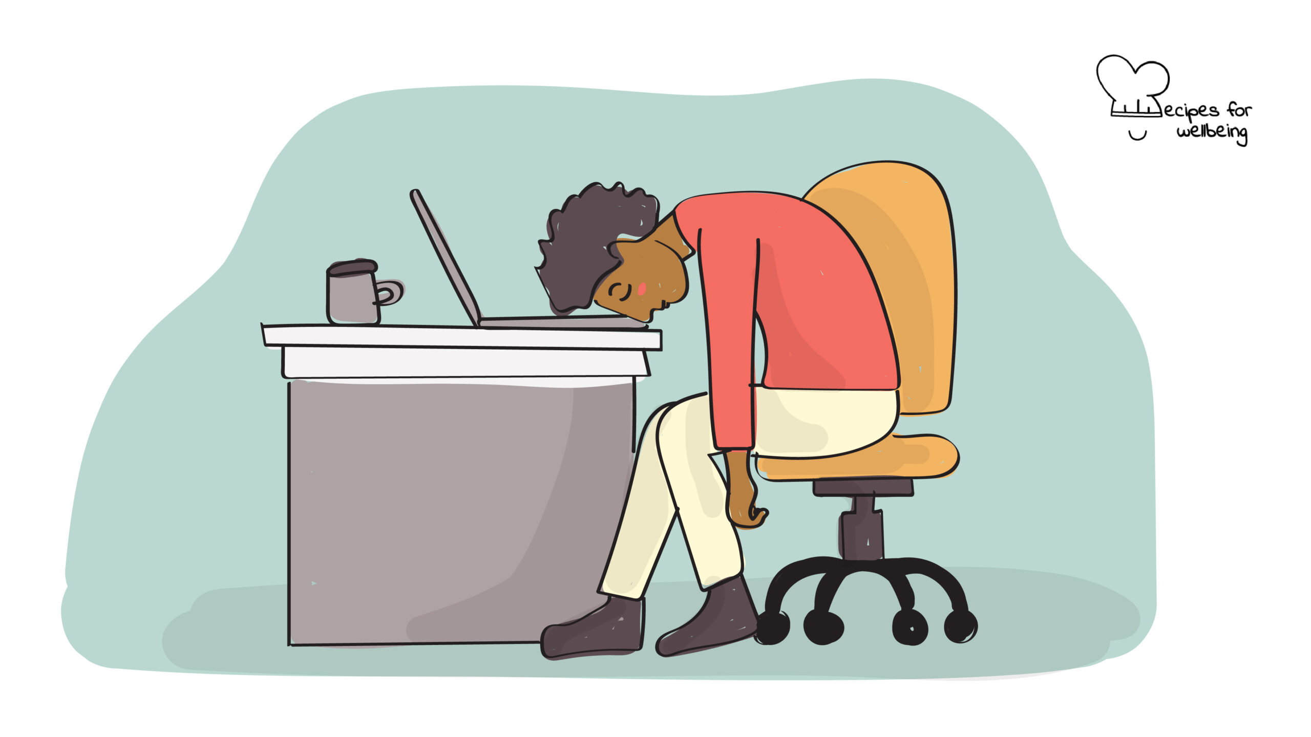 Illustration of a person sitting at their work desk resting their head on their laptop. © Recipes for Wellbeing