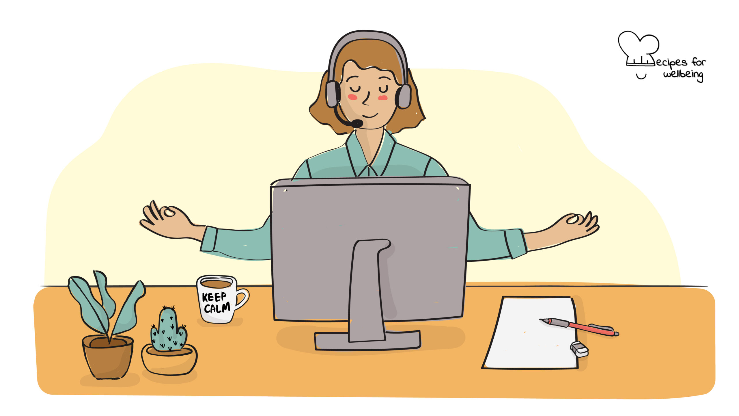 Illustration of a person sitting at their work desk behind a computer in a relaxed pose. © Recipes for Wellbeing