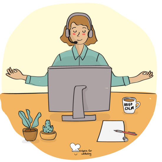 Illustration of a person sitting at their work desk behind a computer in a relaxed pose. © Recipes for Wellbeing