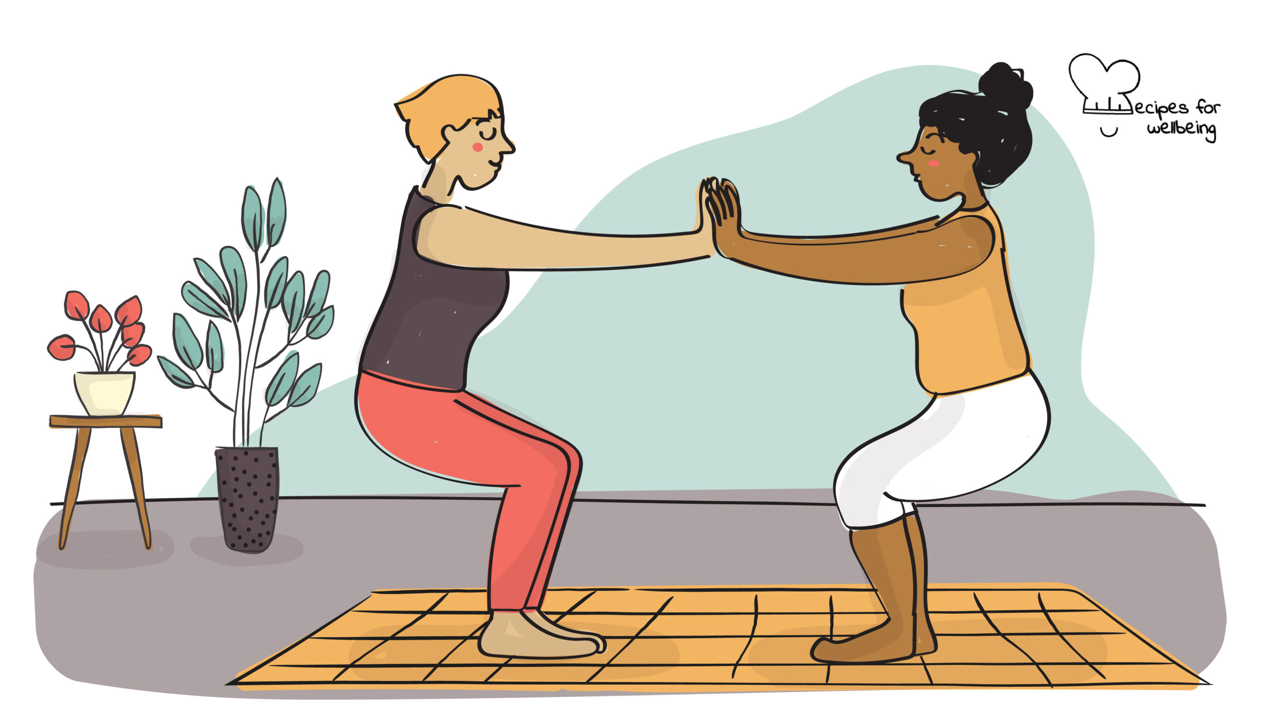 Illustration of two people standing in front of each other and pressing their hands together to maintain balance. © Recipes for Wellbeing