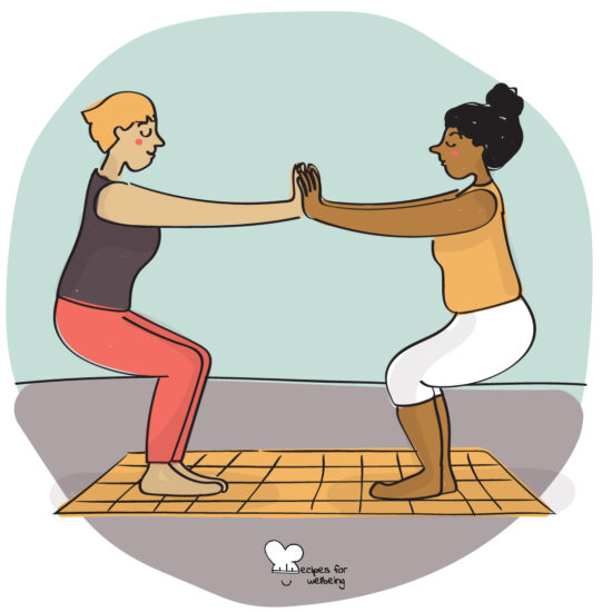 Illustration of two people standing in front of each other and pressing their hands together to maintain balance. © Recipes for Wellbeing