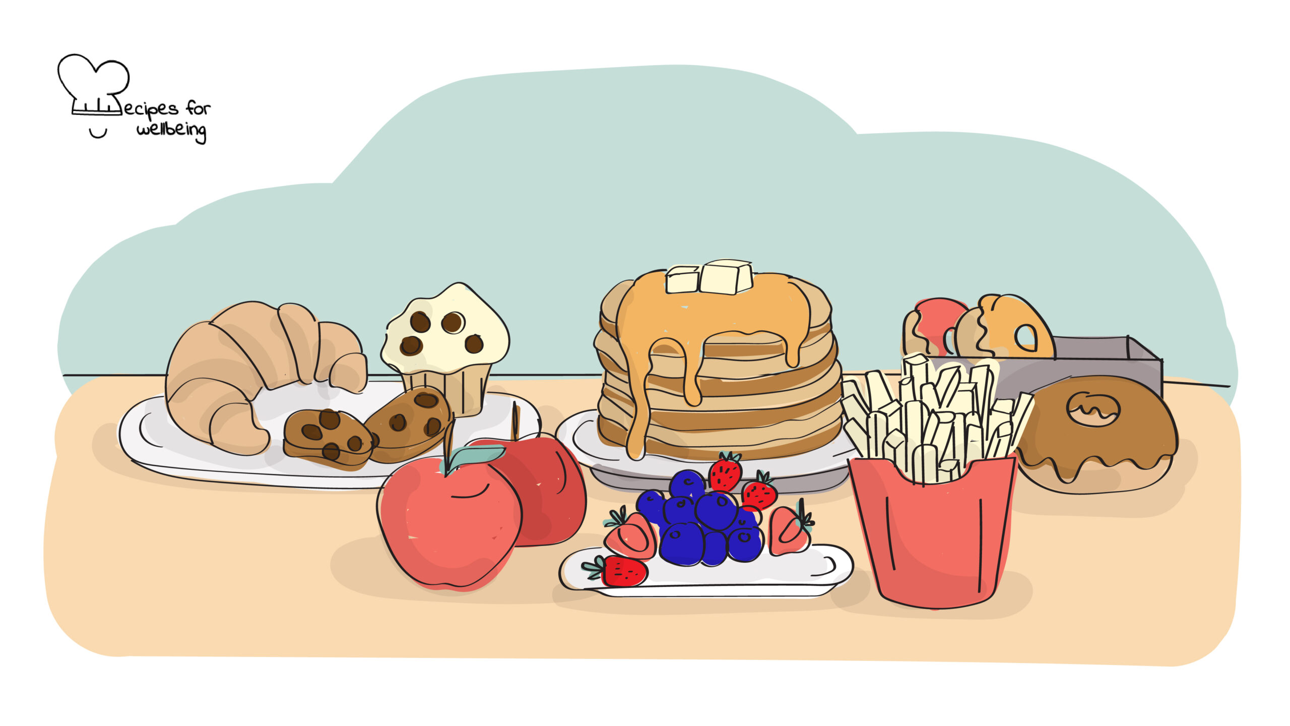 Illustration of a selection of food on a table. © Recipes for Wellbeing