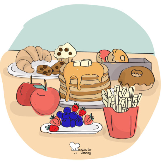Illustration of a selection of food on a table. © Recipes for Wellbeing