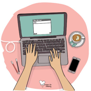 Illustration of a pair of hands typing an email on a laptop. © Recipes for Wellbeing