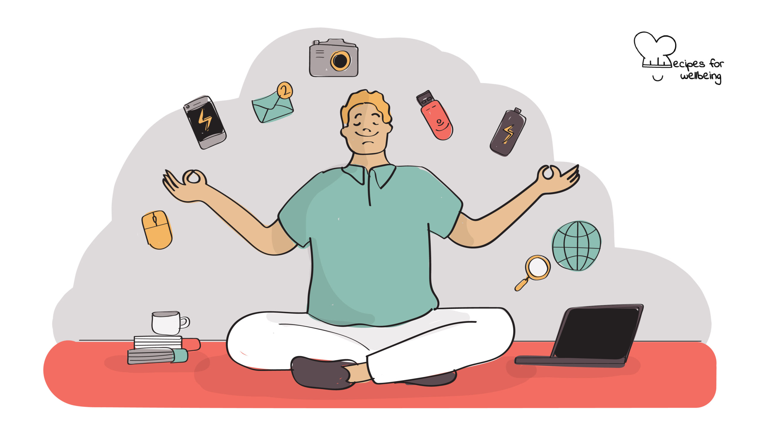 Illustration of person sitting cross-legged in a meditative state with tech items surrounding them. © Recipes for Wellbeing