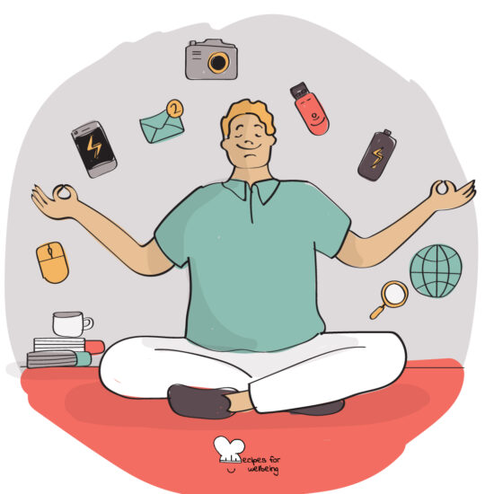 Illustration of person sitting cross-legged in a meditative state with tech items surrounding them. © Recipes for Wellbeing