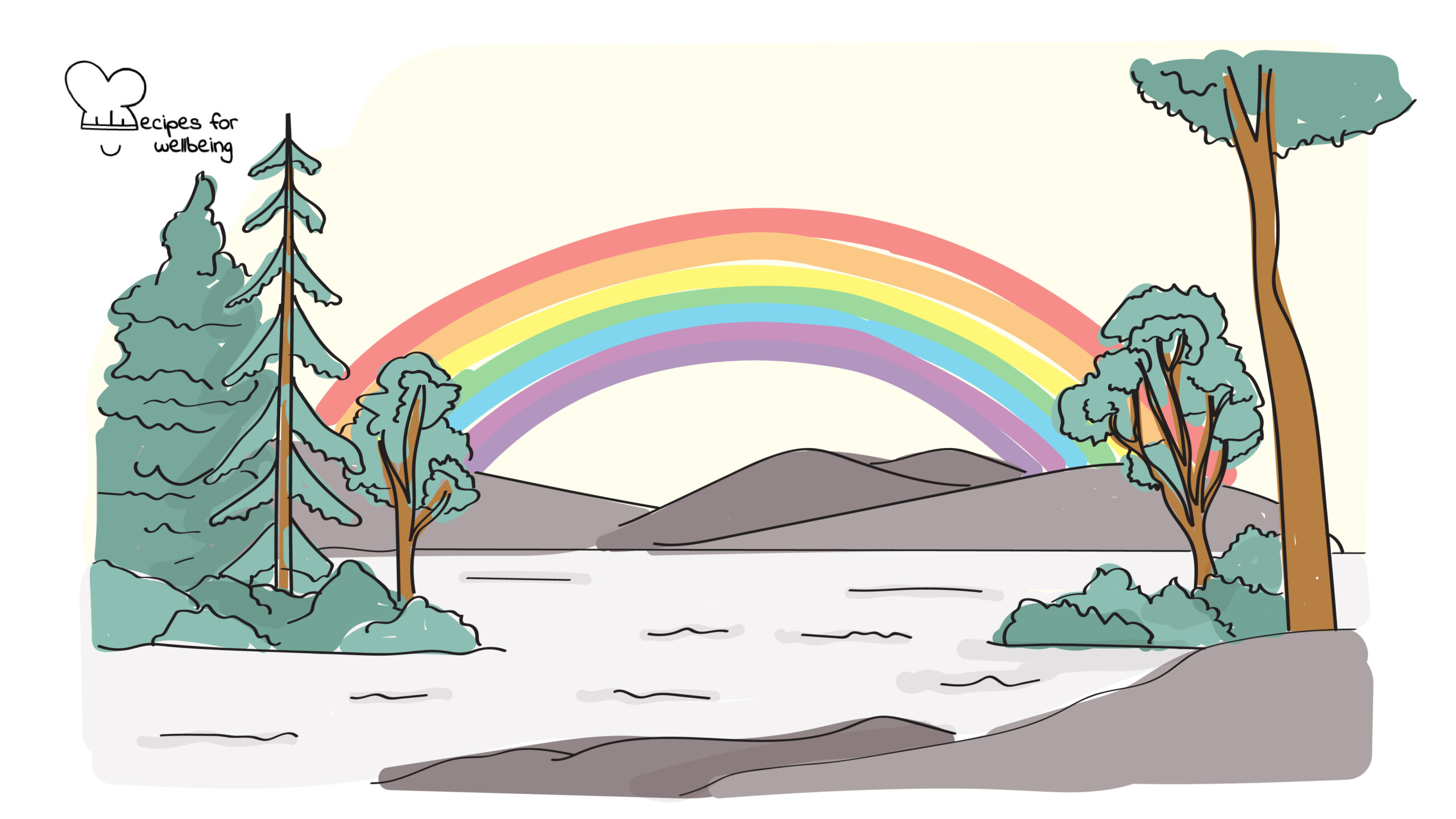 Illustration of a Nature landscape with a rainbow. © Recipes for Wellbeing