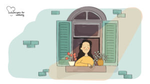 Illustration of a person by a window with their eyes closed. © Recipes for Wellbeing