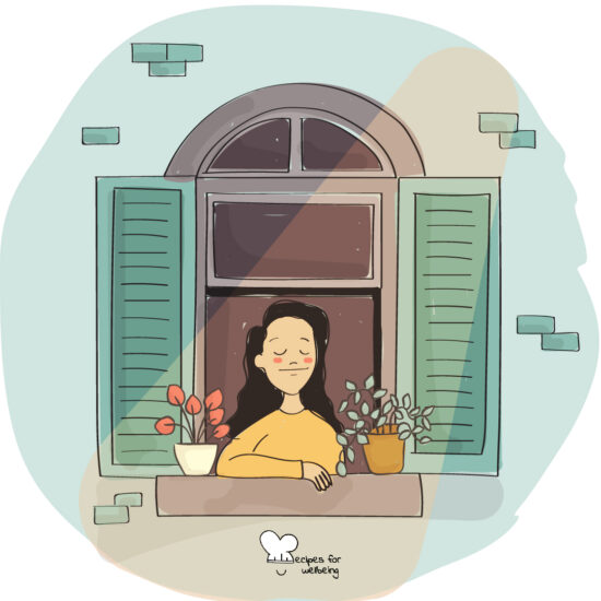 Illustration of a person by a window with their eyes closed. © Recipes for Wellbeing