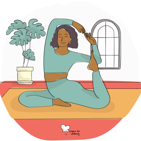 Illustration of a person in the mermaid yoga pose. © Recipes for Wellbeing