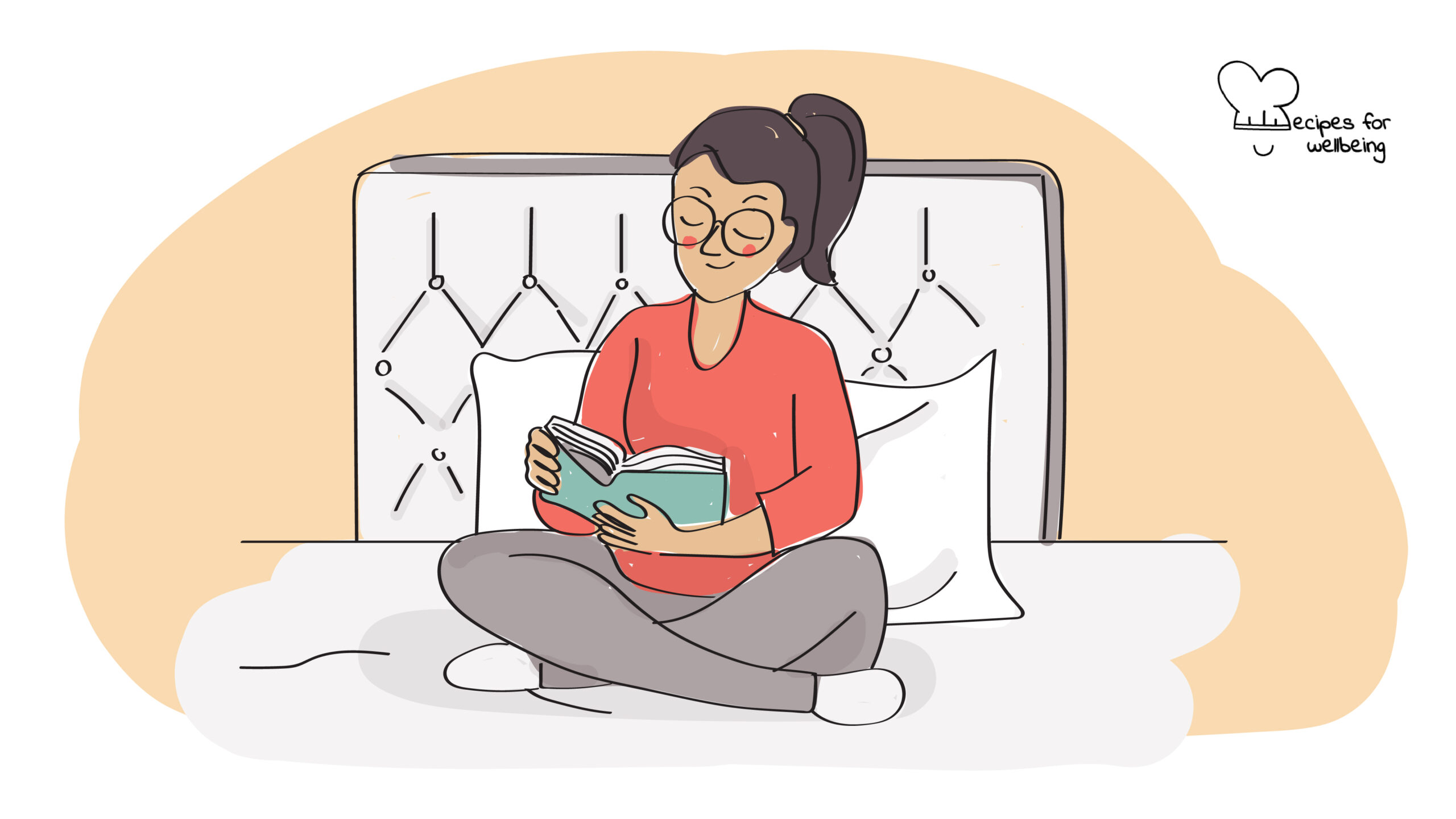 Illustration of a person reading a book in bed. © Recipes for Wellbeing