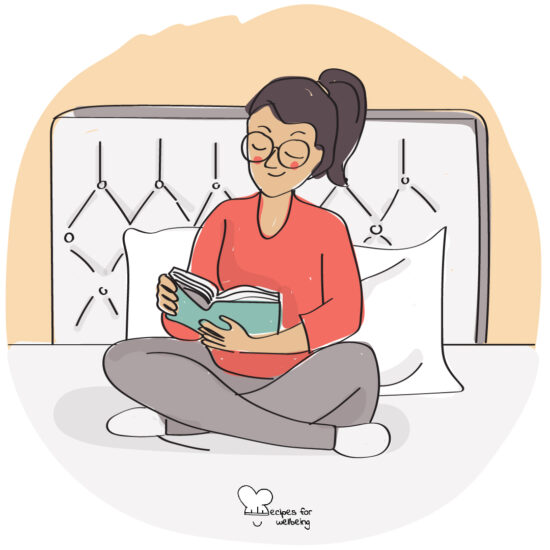 Illustration of a person reading a book in bed. © Recipes for Wellbeing