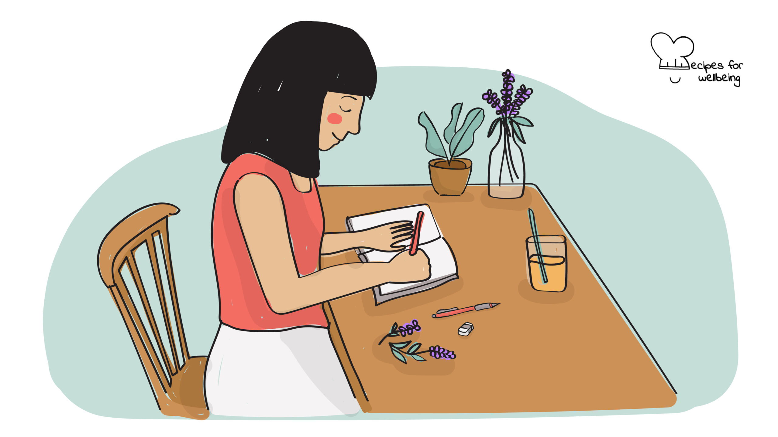 Illustration of a person sitting at a desk writing on a journal. © Recipes for Wellbeing