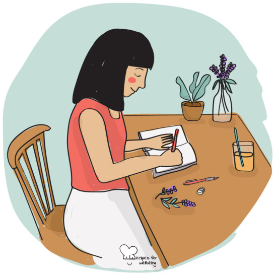 Illustration of a person sitting at a desk writing on a journal. © Recipes for Wellbeing