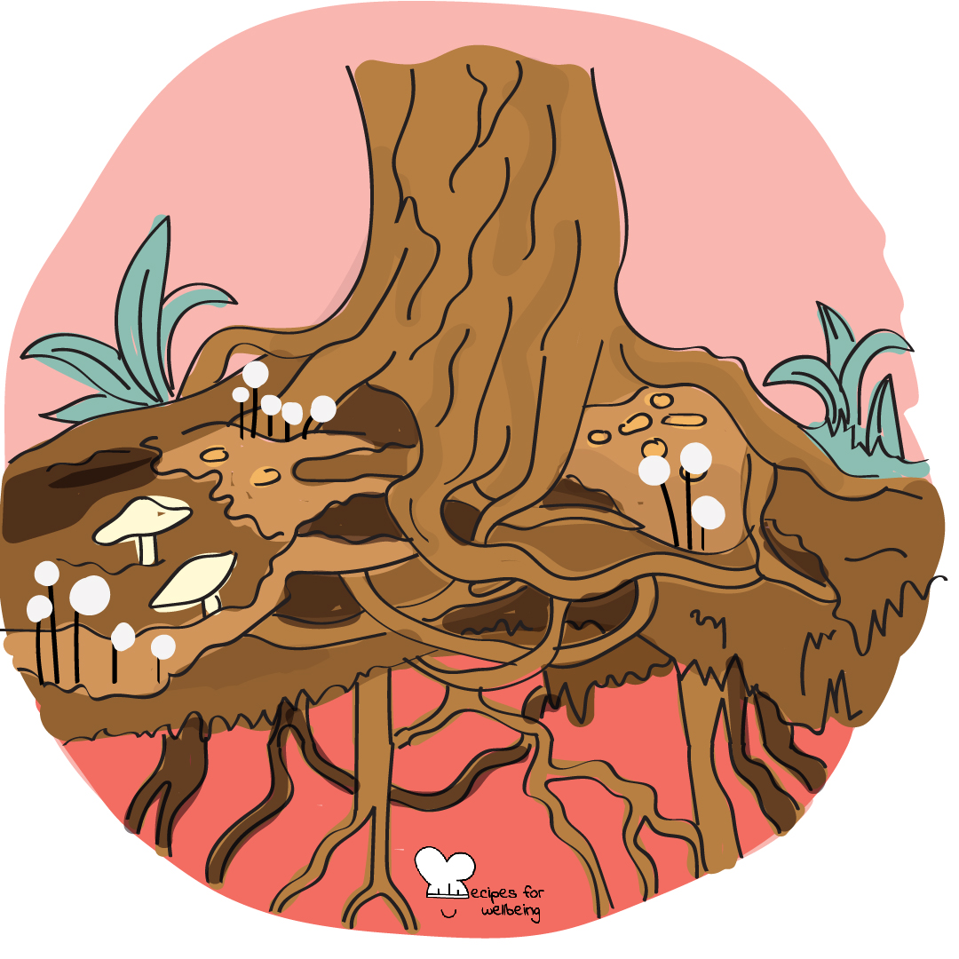 Illustration of a tree with its roots. © Recipes for Wellbeing