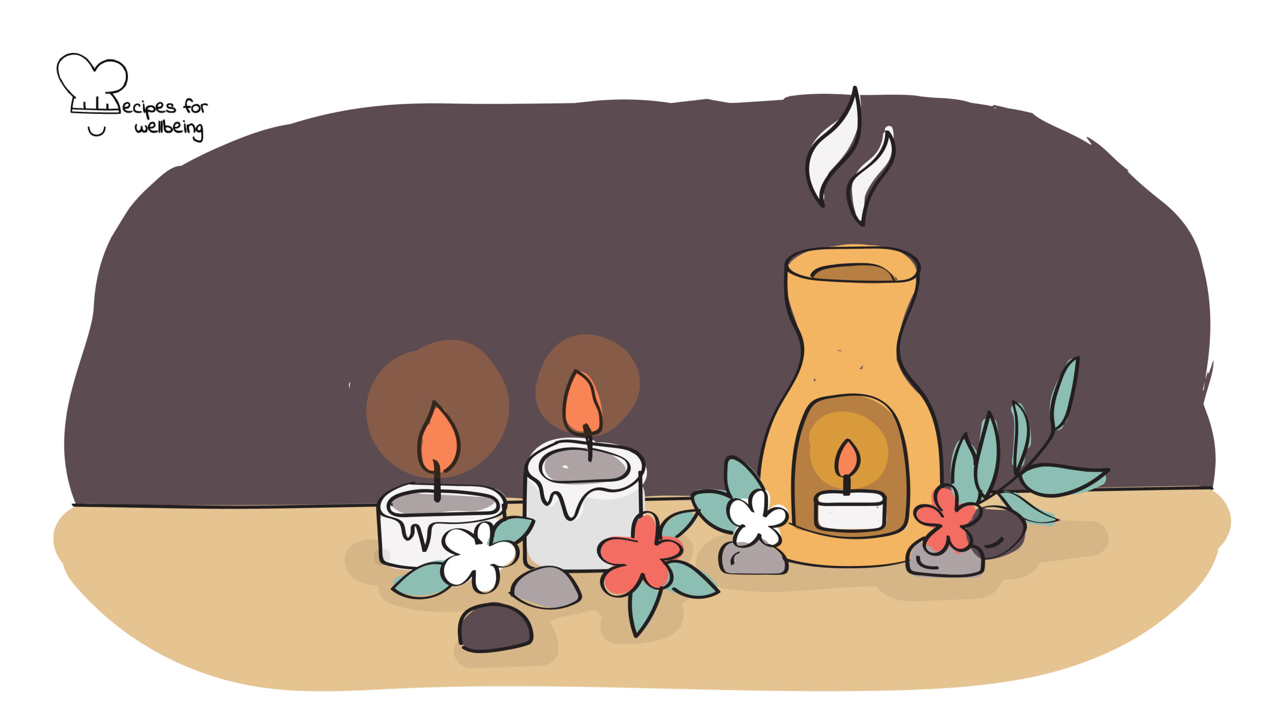 Illustration of a few candles, flowers, and pebbles. © Recipes for Wellbeing