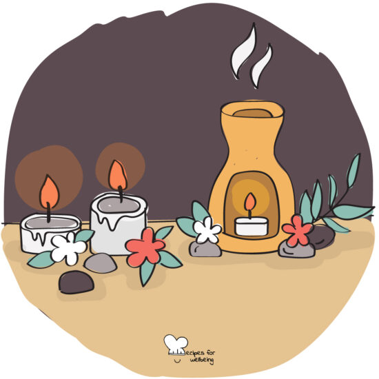 Illustration of a few candles, flowers, and pebbles. © Recipes for Wellbeing