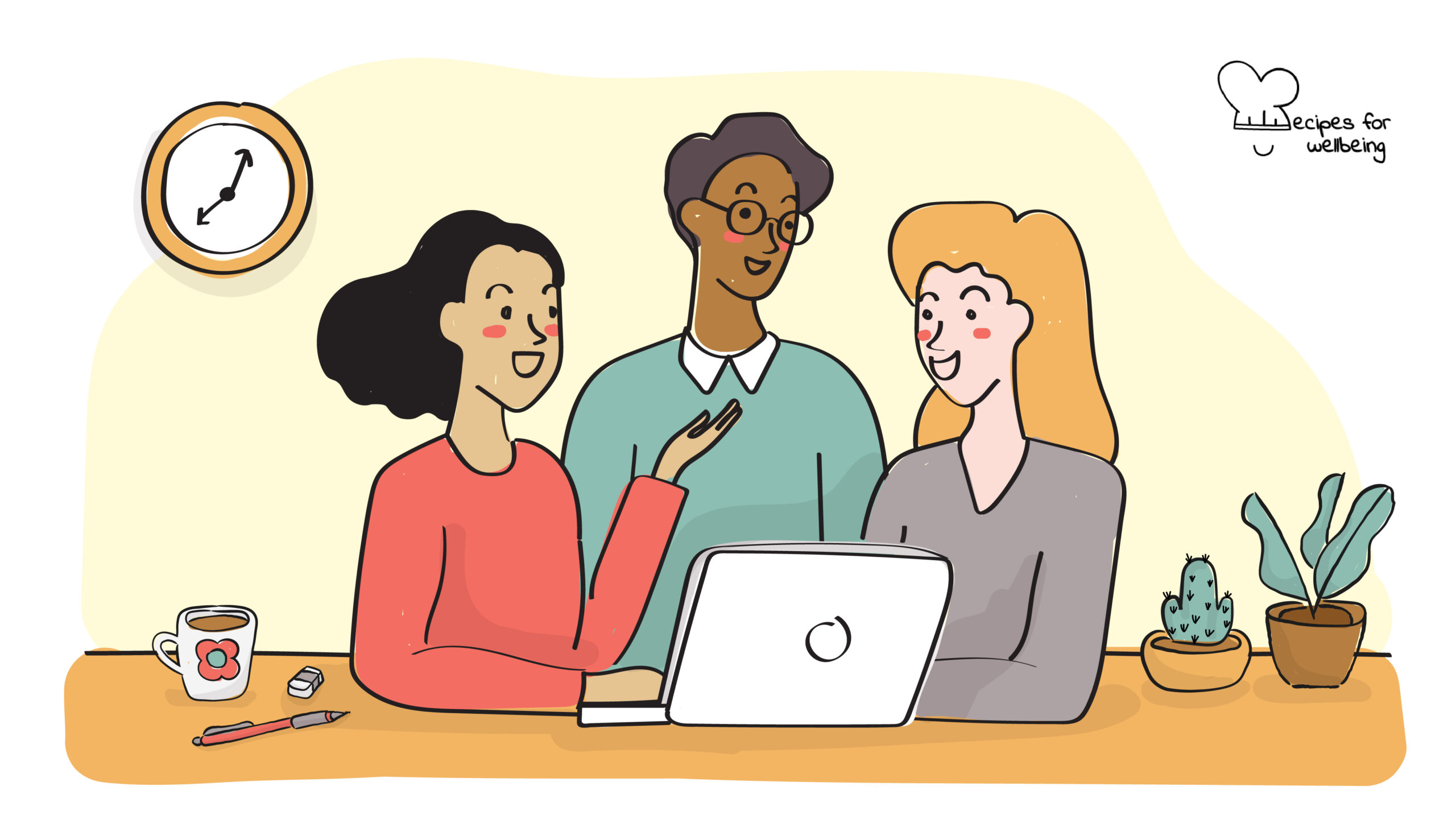 Illustration of three people talking to each other behind a laptop. © Recipes for Wellbeing