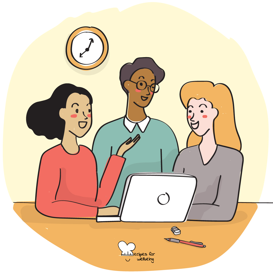 Illustration of three people talking to each other behind a laptop. © Recipes for Wellbeing