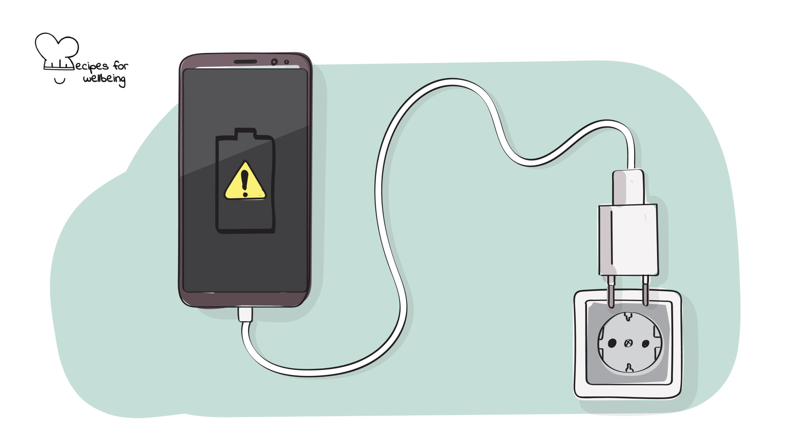 Illustration of smartphone out of battery with the charger being connected to an electric plug. © Recipes for Wellbeing
