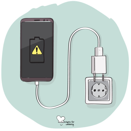 Illustration of smartphone out of battery with the charger being connected to an electric plug. © Recipes for Wellbeing