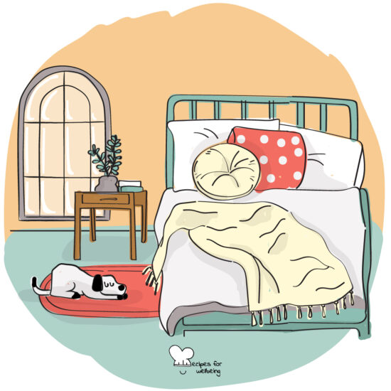 Illustration of bedroom with a bed, a side table, a plant, and a dog. © Recipes for Wellbeing