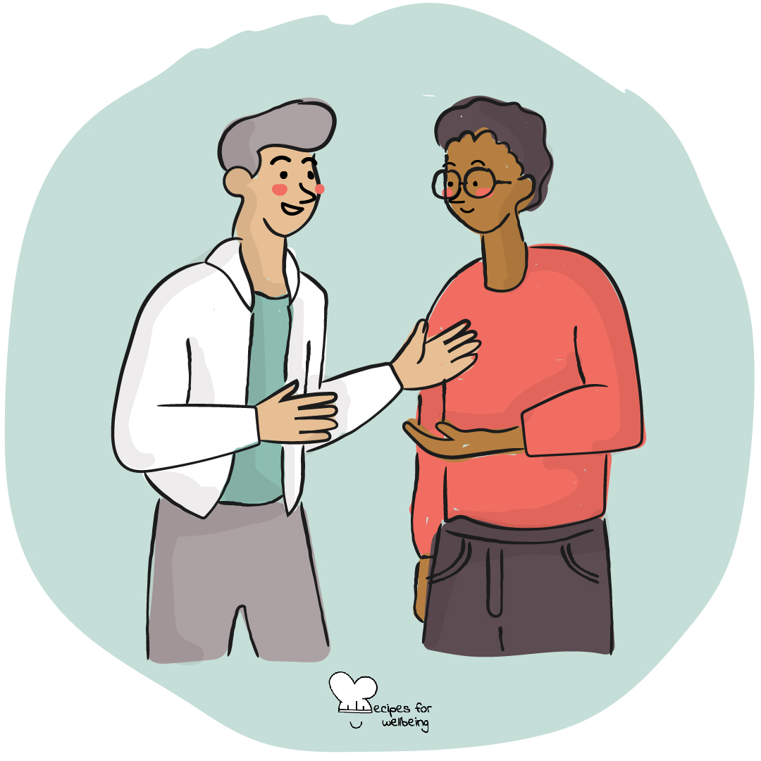 Illustration of two people talking to each other. © Recipes for Wellbeing