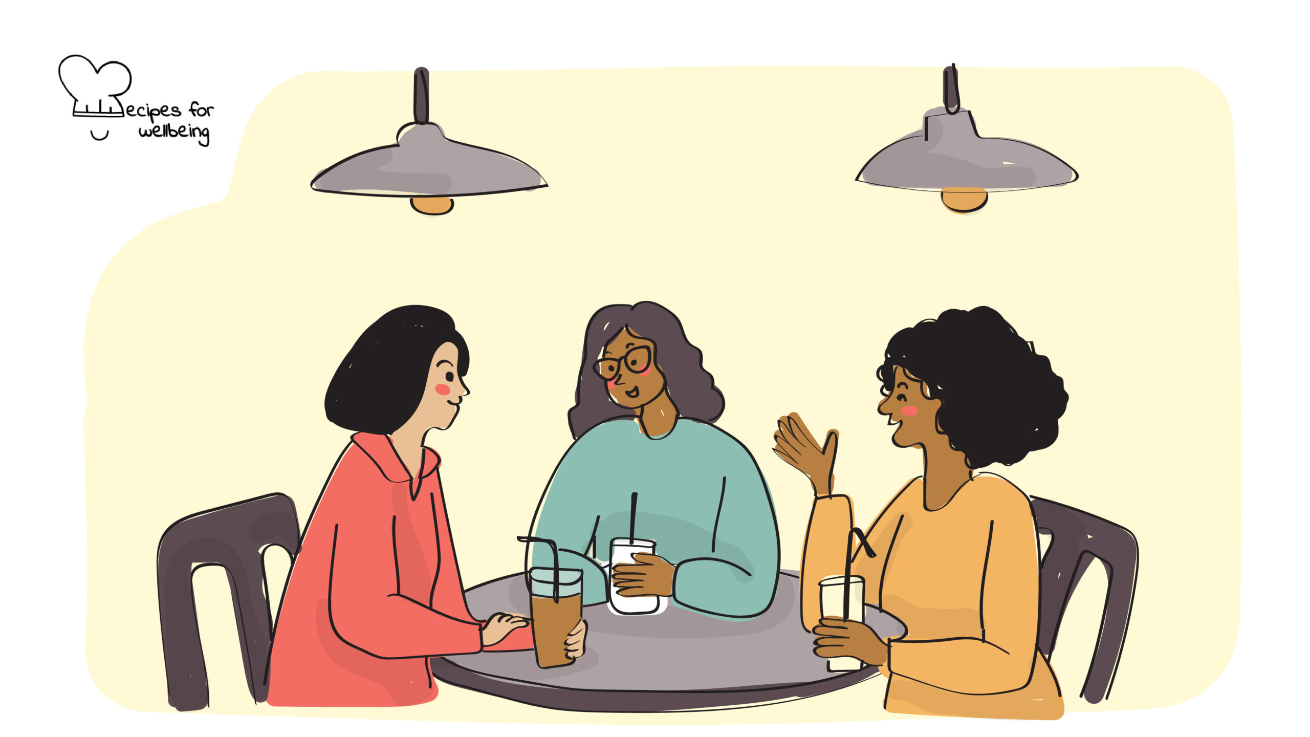 Illustration of three womxn sitting at a table and talking to each other. © Recipes for Wellbeing