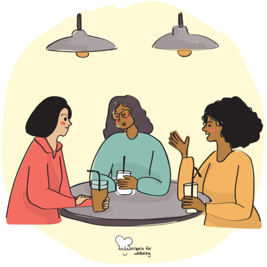 Illustration of three womxn sitting at a table and talking to each other. © Recipes for Wellbeing